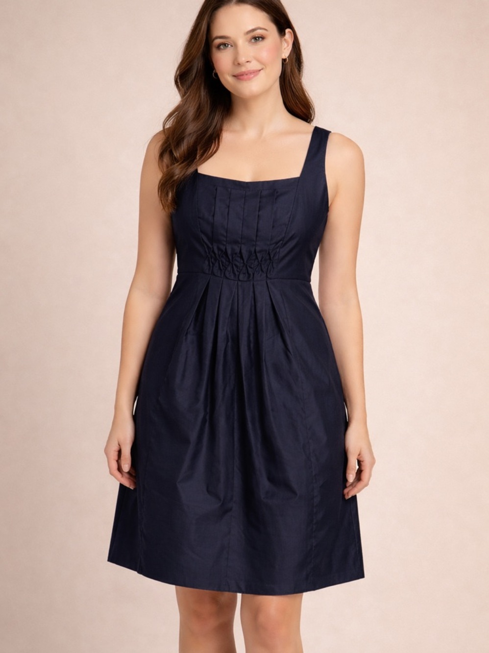 STUDIO M Silk Blend Navy Square Neck Metallic Sleeveless Fit-and-Flare Dress